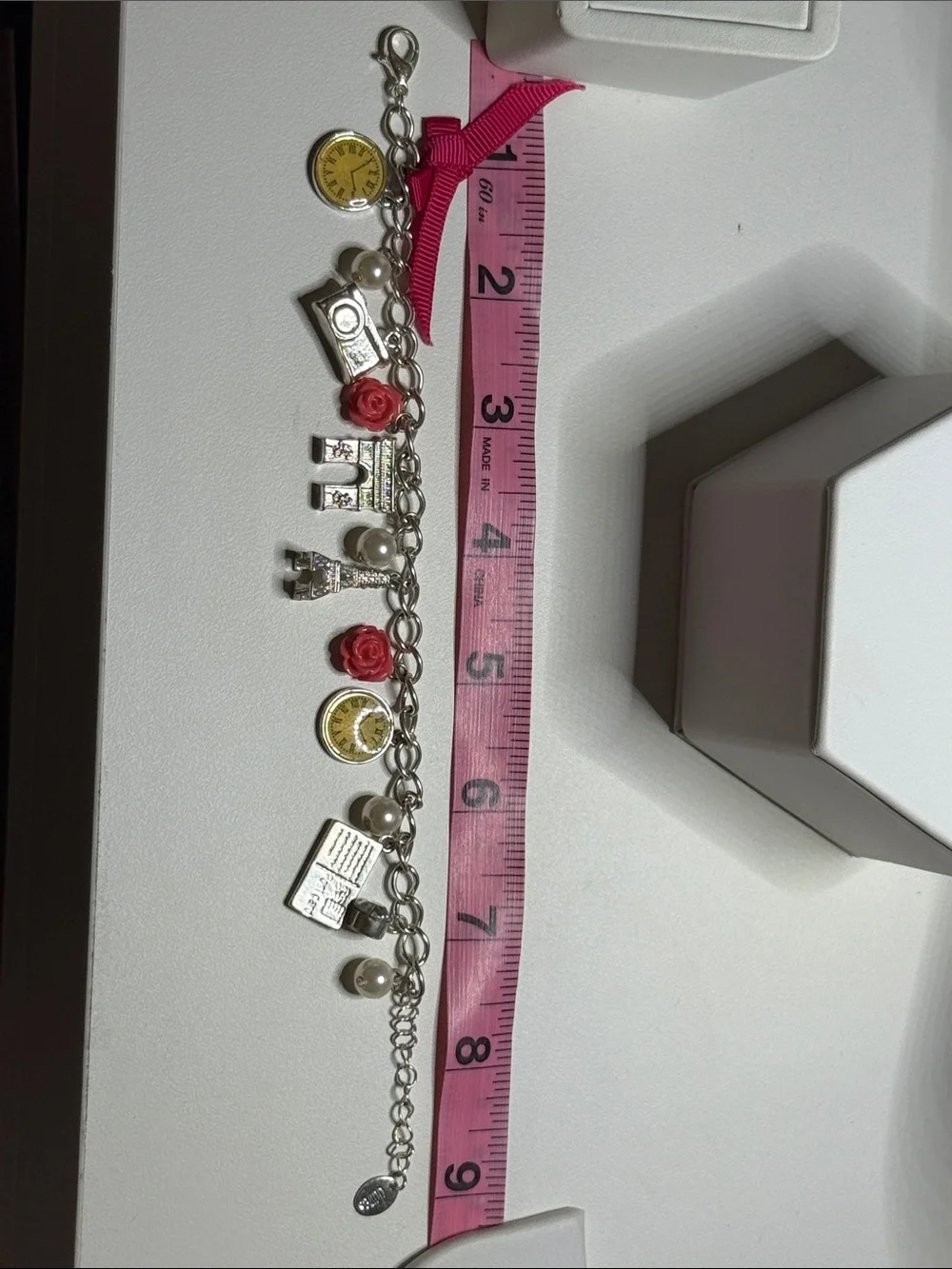 Claire's Silver Charm Bracelet with Pink Roses, Yellow Clocks & Pearl Accents